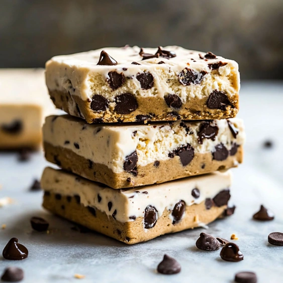 Three pieces of chocolate chip ice cream cake.