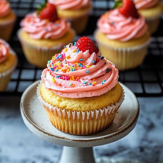 A cupcake with a strawberry on top.