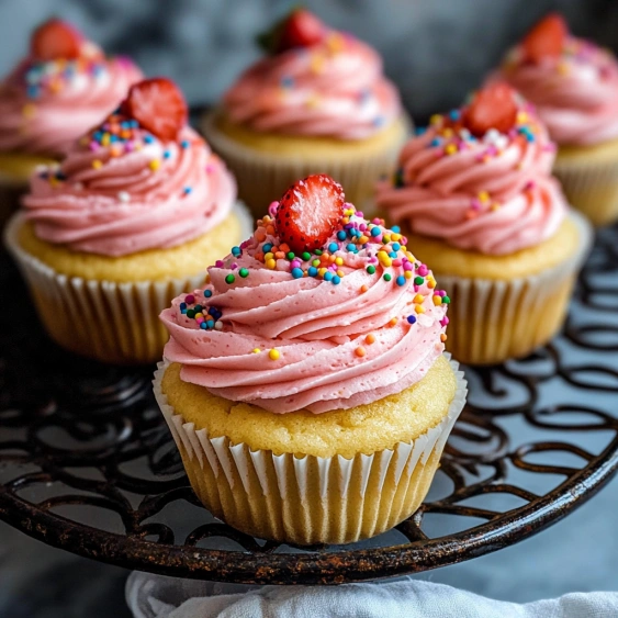 A plate of cupcakes with strawberries on top.