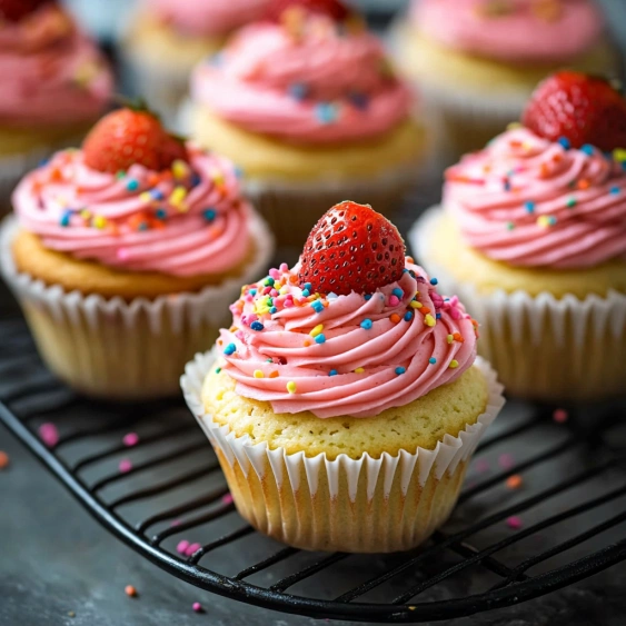 A cupcake with a strawberry on top.