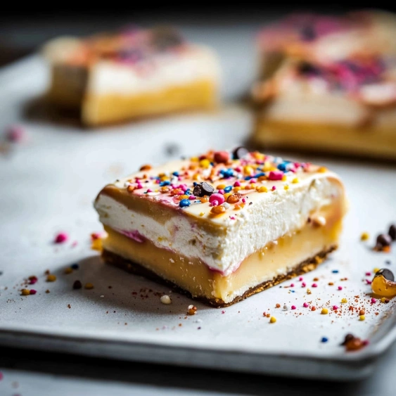 A piece of cake with sprinkles on a plate.