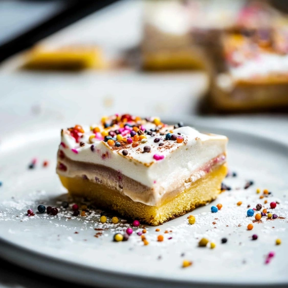 A piece of cake with sprinkles on a plate.