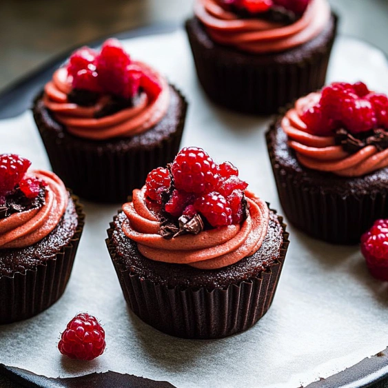 A plate of chocolate cupcakes with raspberries on top.