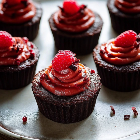 A plate of chocolate cupcakes with raspberries on top.
