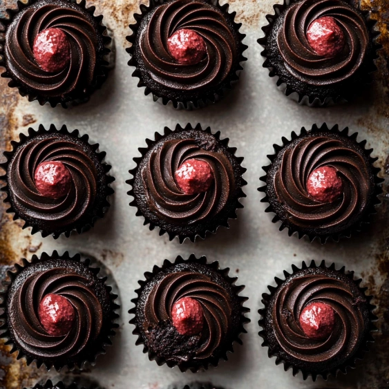 Chocolate cupcakes with red frosting.