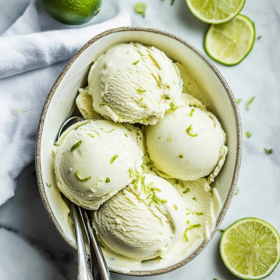 A bowl of ice cream with limes on the side.