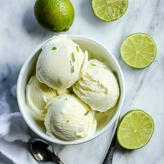 A bowl of ice cream with limes on the side.