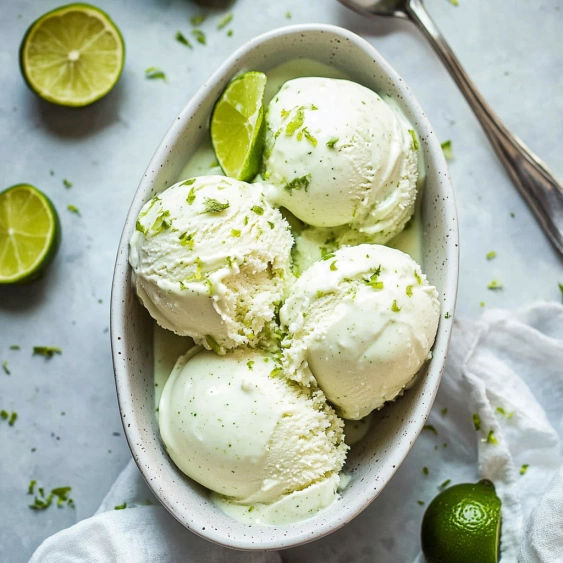 A bowl of lime sorbet with a spoon.