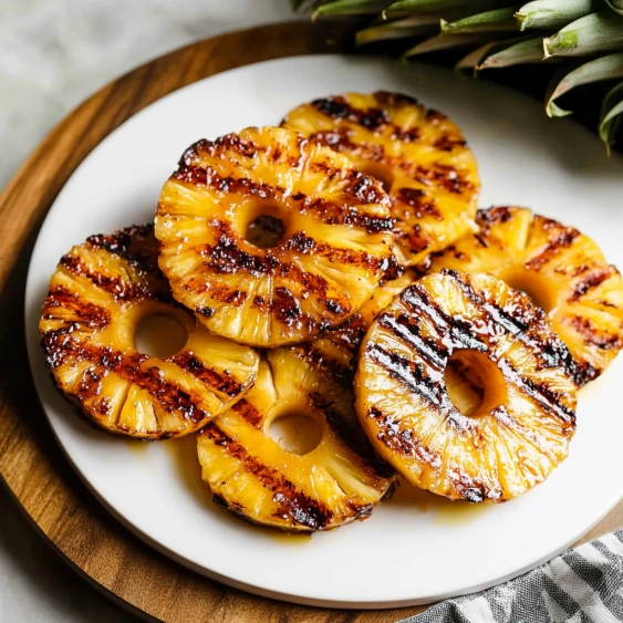 A plate of grilled pineapple slices.