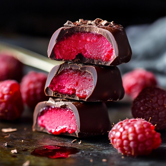 Chocolate covered raspberries on a table.