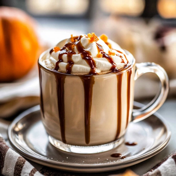 A cup of coffee with caramel drizzled on top.