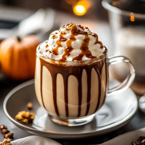 A cup of coffee with whipped cream and caramel drizzle.