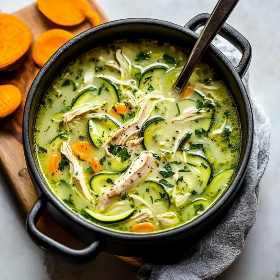 A bowl of soup with vegetables and chicken.