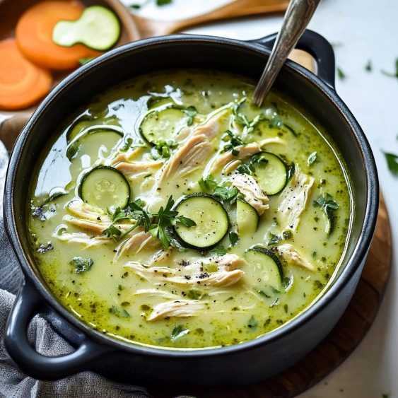 A bowl of soup with cucumbers and chicken.