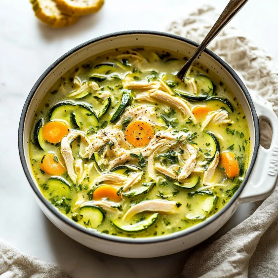 A bowl of soup with chicken and vegetables.