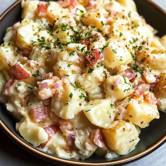 A bowl of food with potatoes, meat, and herbs.