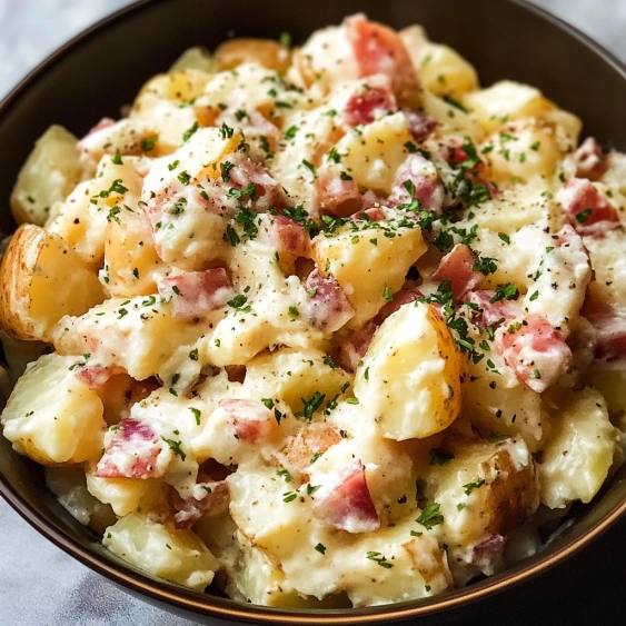 A bowl of potato salad with bacon.