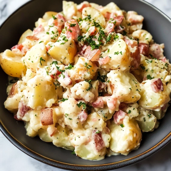 A bowl of food with potatoes and meat.