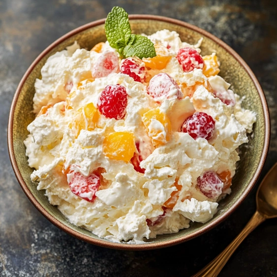 A bowl of fruit salad with a spoon.