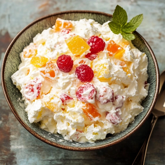 A bowl of fruit salad with a spoon.
