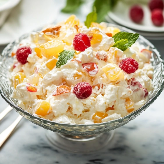 A bowl of fruit salad with raspberries, oranges, and other fruits.