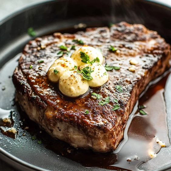 A steak with butter and herbs on top.