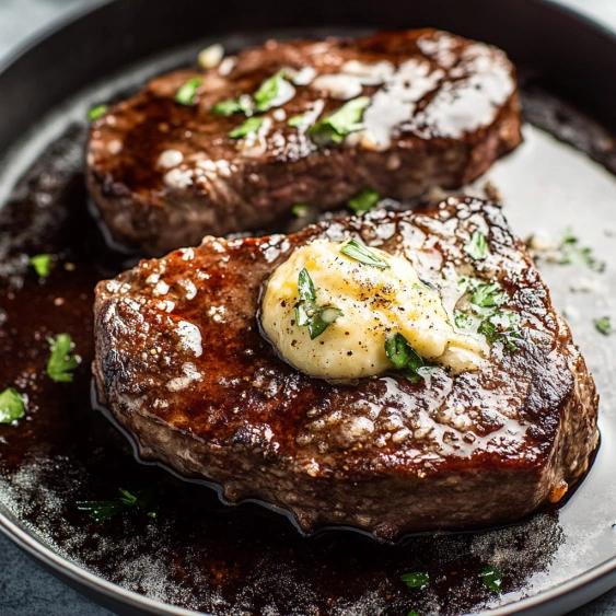 Two pieces of meat with butter on top.