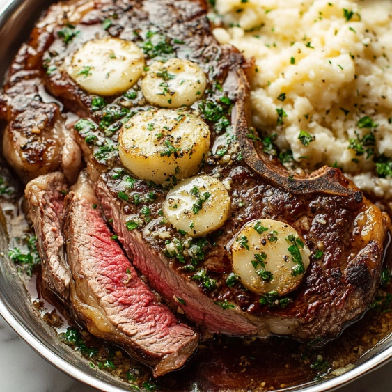 A close up of a steak with potatoes and vegetables.
