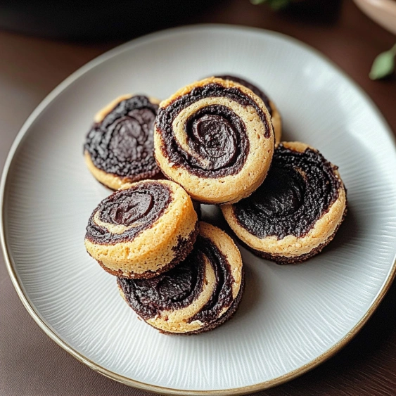 A plate of cookies with chocolate and swirls.