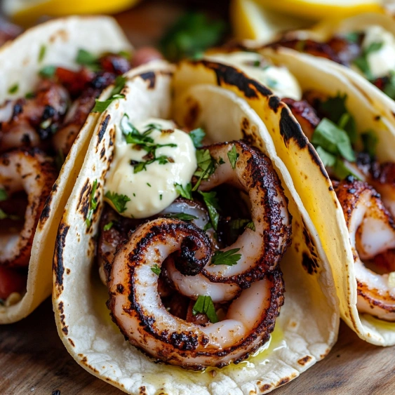A plate of food with a taco and a piece of octopus.