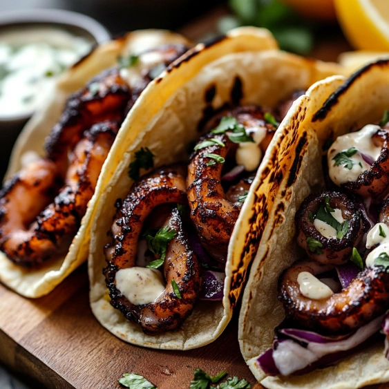 Three tacos with octopus toppings.