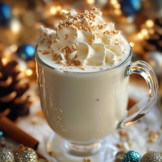A glass of milk with whipped cream and nuts on top.
