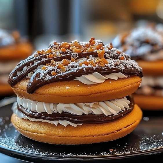 A chocolate covered donut with white frosting and nuts.
