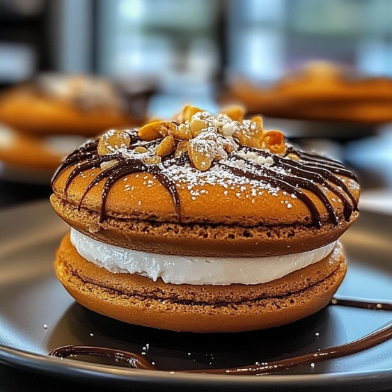 A chocolate and white frosted doughnut with nuts on top.