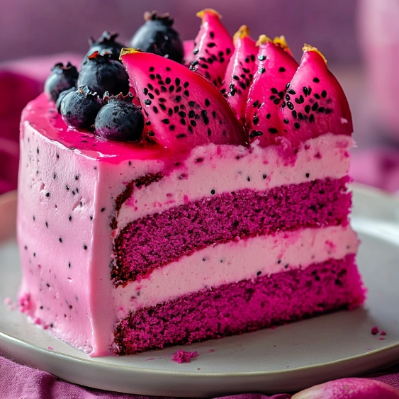 A slice of pink cake with blueberries on top.