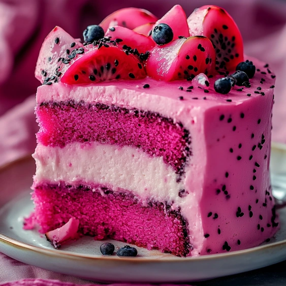 A slice of pink cake with blueberries on top.