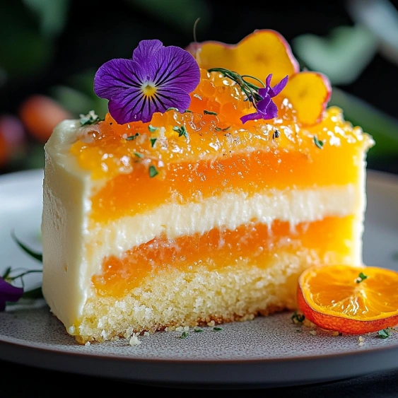A slice of orange cake with a flower on top.