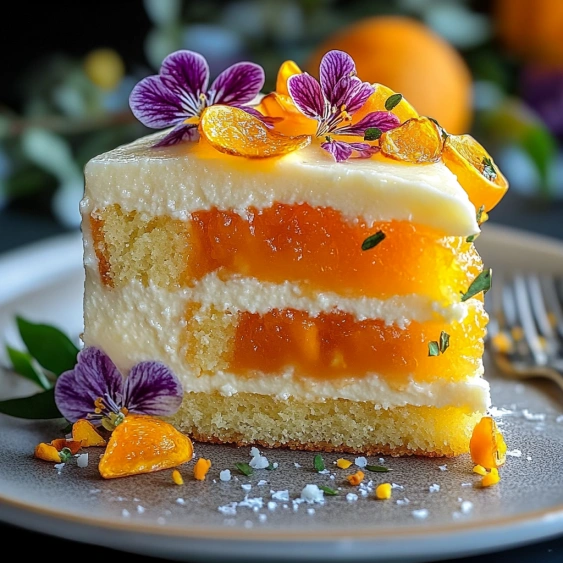 A slice of orange cake with orange slices on top.