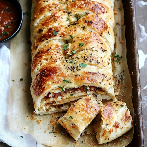 A long, thin, cheese-filled pastry is sliced and ready to be eaten.