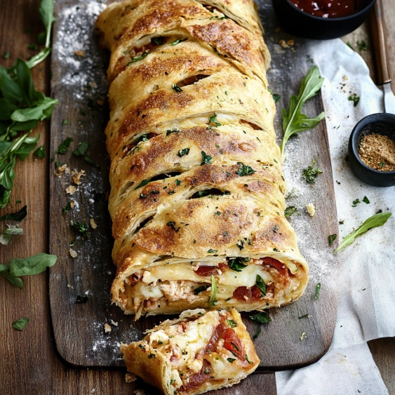 A long, thin, stuffed pastry with a variety of toppings.
