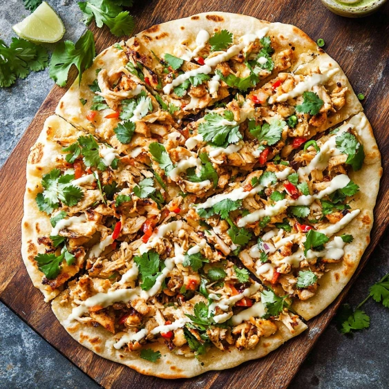 A pizza with meat and vegetables on it.