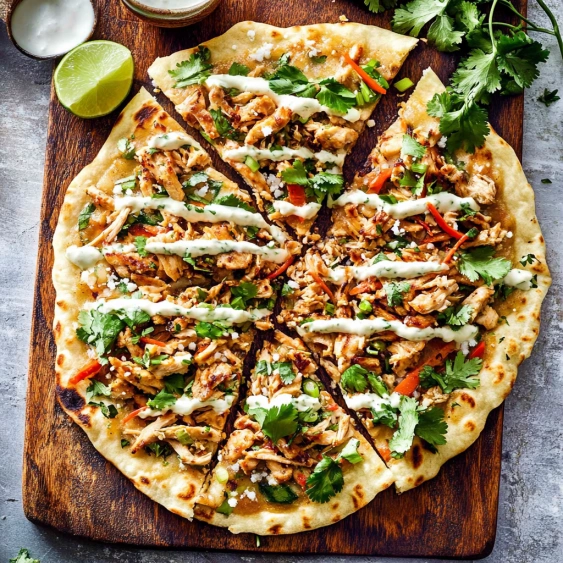 A pizza with chicken and vegetables on a wooden cutting board.