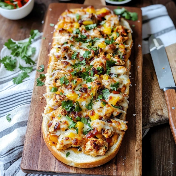 A pizza with chicken and cheese on a wooden board.