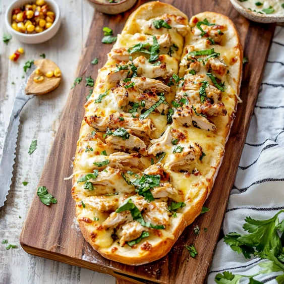 A sandwich with chicken and cheese on a wooden cutting board.
