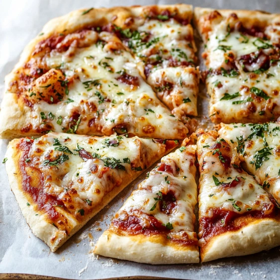 A pizza with cheese and herbs on it.