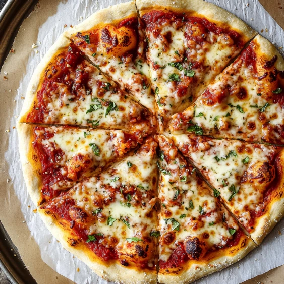 A pizza with cheese and sauce.