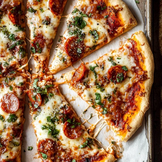 A pizza with pepperoni and cheese on a pan.