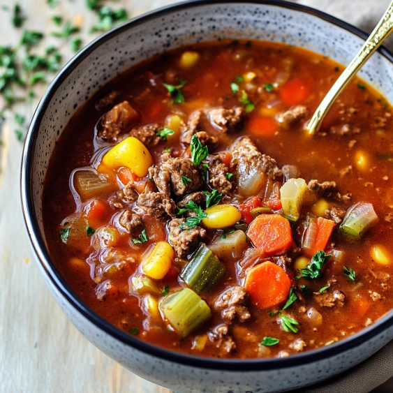 A bowl of soup with meat and vegetables.
