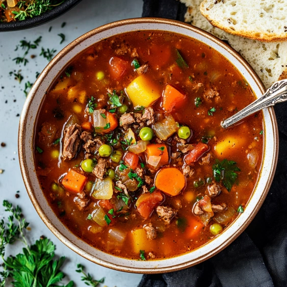 A bowl of soup with carrots and peas.