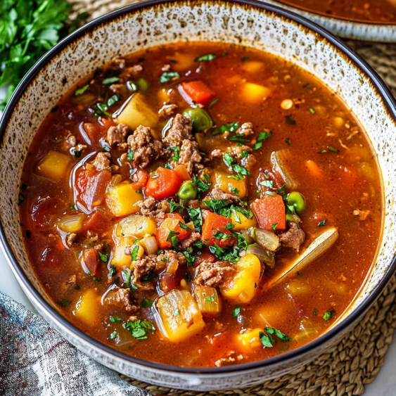 A bowl of soup with meat and vegetables.